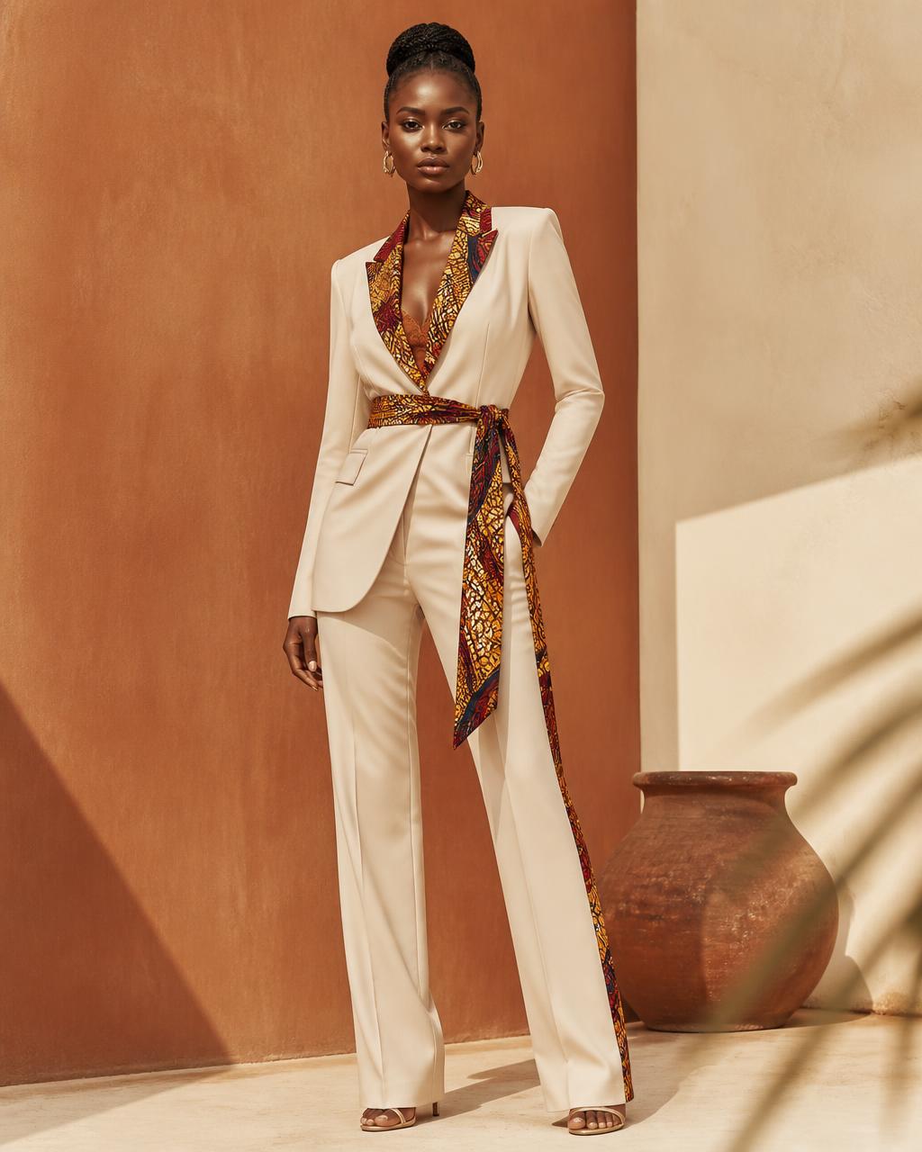 Stylish woman wearing a tailored outfit with African print details, styled with Afrint